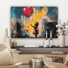 Canvas schilderij  - Wanddecoratie Meisje - Ballon - Hart - Graffiti - Muurdecoratie woonkamer - Slaapkamer decoratie - Kamer accessoires - Schilderijen op canvas