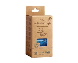 Recycled poop bags, made in the EU, with Blue Angel certification. The bags feature a blue design with stars, hearts, and a dog icon.