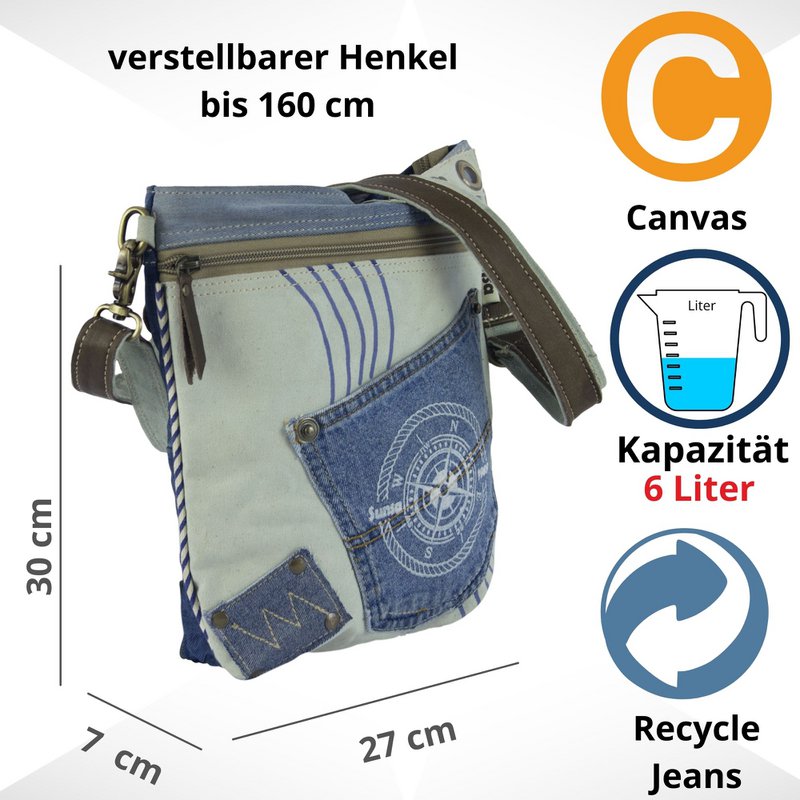 Sunsa Bæredygtig Skuldertaske til kvinder. Skuldertaske lavet af genbrugte jeans & canvas (canvas). Håndtaske i vintage retro stil. Crossbody taske til kvinder med maritimt motiv