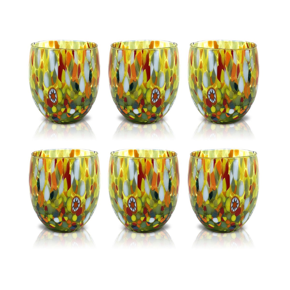 Klassieke waterglazen van handgeblazen en handgemaakt glas met Murano Murrine, lijn “I Colori di Murano”, 320 ml. Gemaakt in Italië