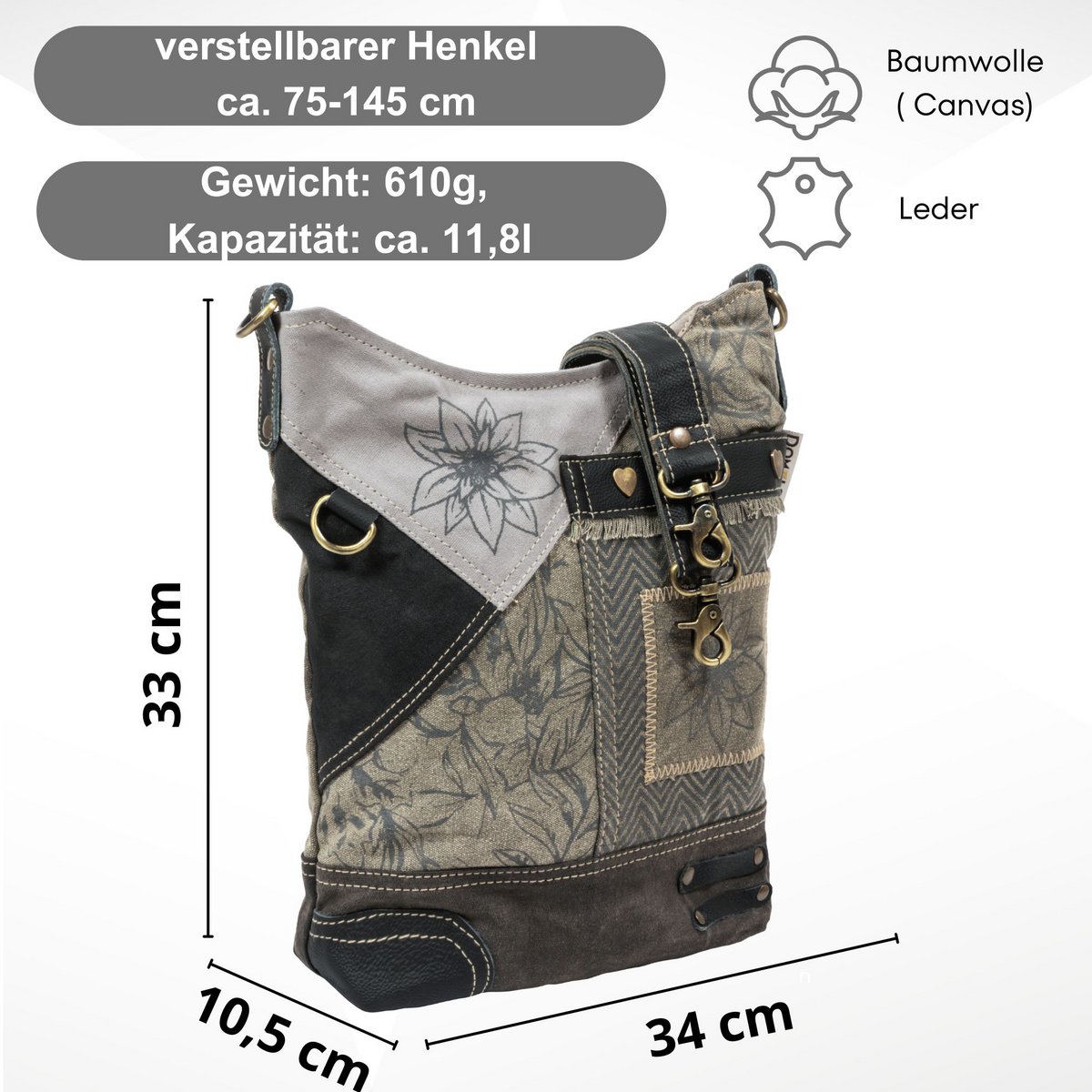 Domelo traditionele tas voor dames - dirndl tas met edelweiss & bloemen - canvas schoudertas zwart grijs - schoudertas voor Oktoberfest, traditionele outfit & dagelijks leven - Doemlo damestas