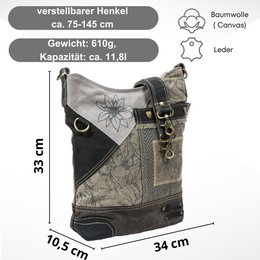 Domelo traditionele tas voor dames - dirndl tas met edelweiss & bloemen - canvas schoudertas zwart grijs - schoudertas voor Oktoberfest, traditionele outfit & dagelijks leven - Doemlo damestas