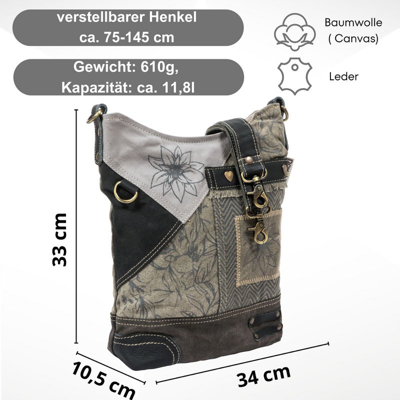 Domelo traditionele tas voor dames - dirndl tas met edelweiss & bloemen - canvas schoudertas zwart grijs - schoudertas voor Oktoberfest, traditionele outfit & dagelijks leven - Doemlo damestas