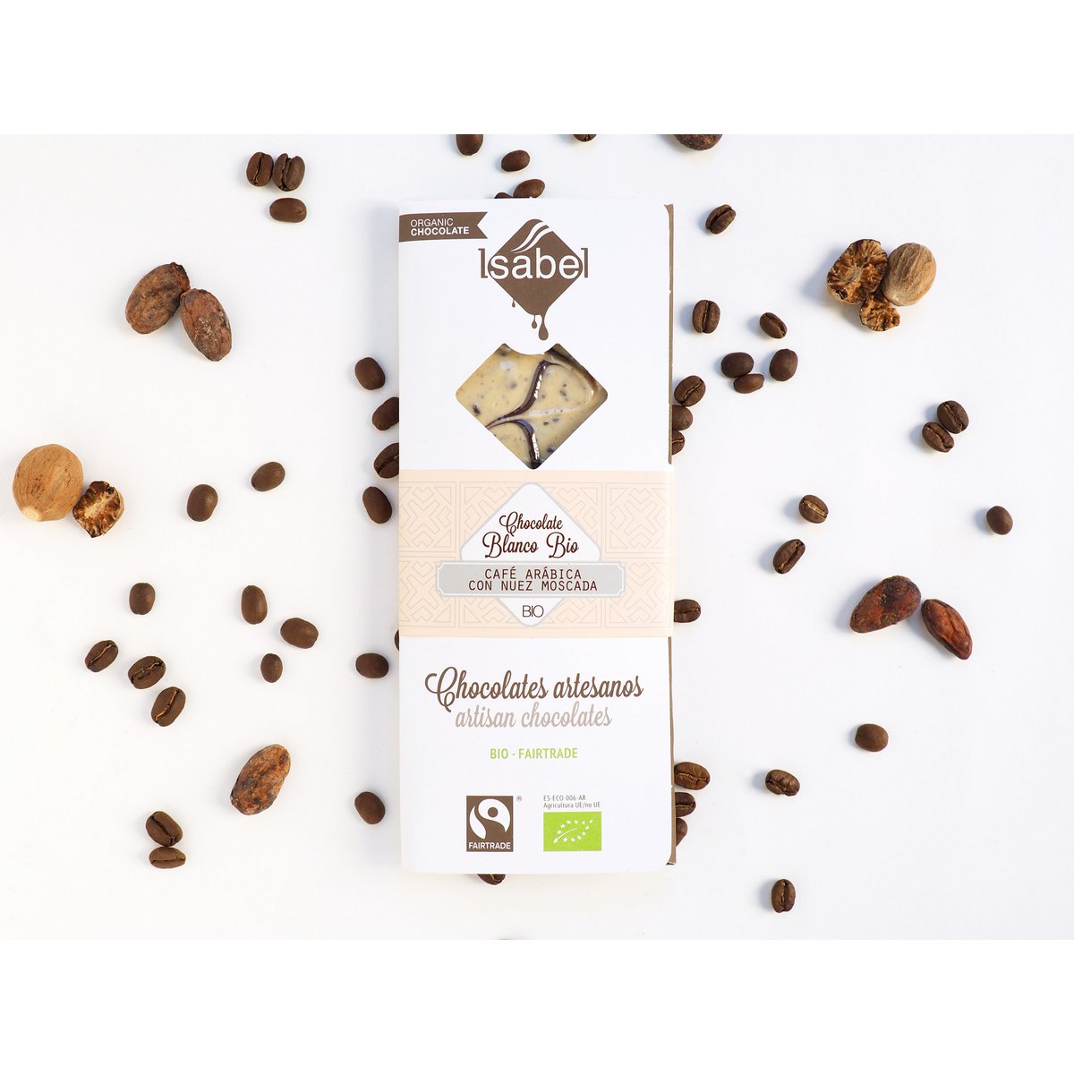 TABLETA BIO: Chocolate Blanco con Café Arábica y Nuez moscada (caja de 10 unidades de 80g)