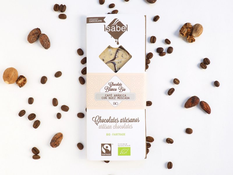 TABLETA BIO: Chocolate Blanco con Café Arábica y Nuez moscada (caja de 10 unidades de 80g)