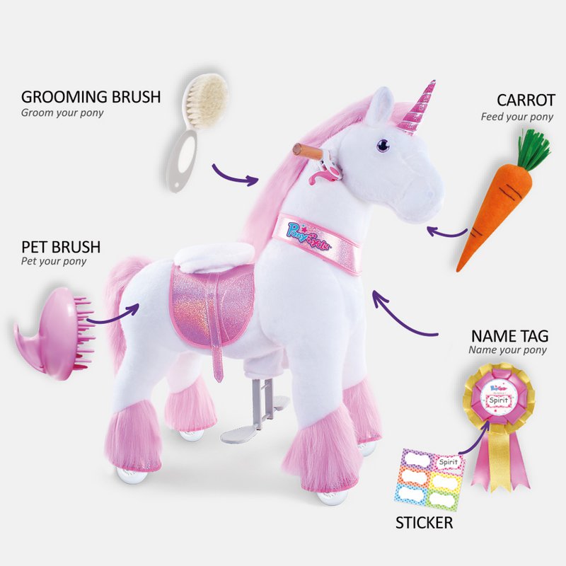 PonyCycle toy Accessories Feed & Care Set - Pink& Blue-5-Piece Assortment, Grooming Brush, Pet Brush, Carrot, Sticker, Name Tag