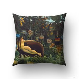 A lush, tropical jungle scene with a sleeping lion and various plants and animals. The pillow cover features a vibrant, colorful design that would add a touch of nature and whimsy to any living space.