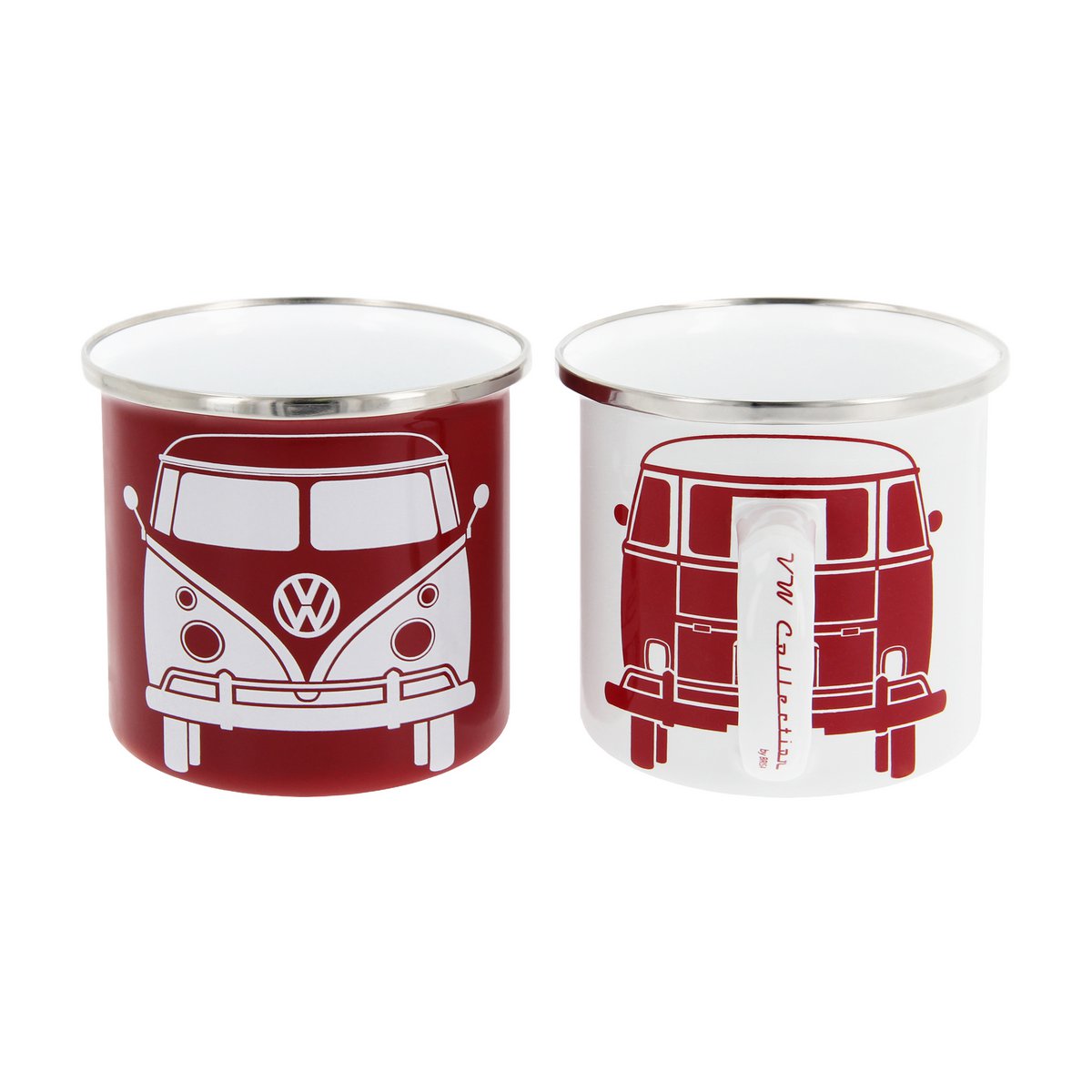 Volkswagen VW T1 Bus Enamel Mug 2-pc Set 350ml in Gift Box - Front/White & Red