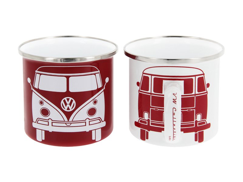 Kubek emaliowany Volkswagen VW T1 Bus 2 szt. 350 ml w pudełku prezentowym - przód / biało-czerwony