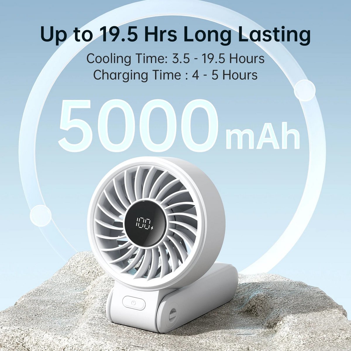 JISULIFE Tragbarer Handventilator mit LED-Anzeige, 5 Geschwindigkeiten, 5000 mAh, 150° gefaltet, 3-in-1-Hand-/Schreibtisch-/Hals-Multifunktionsventilator