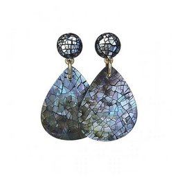 Teardrop-shaped stud earrings with a cracked, iridescent blue-green stone set in a black metal frame.