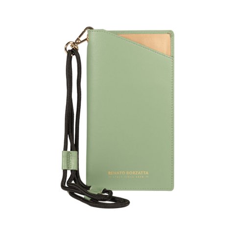 RB1087BF | Brillen-/Smartphone-Halter mit Schultergurt, hergestellt in Italien aus echtem, glattem, mattem Leder. Mintfarben