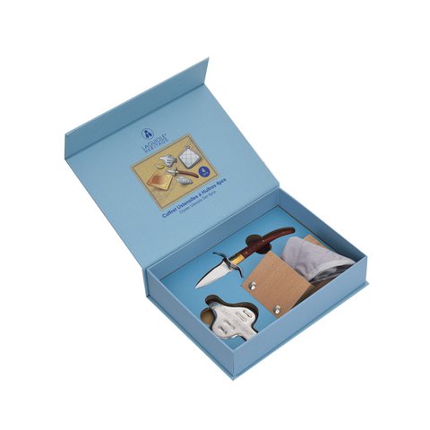 Complete box Oyster set - 4 Accessories - Oyster knife, Lemon squeezer, Oyster block, Potholder - Stainless steel, rosewood wood - Gift box