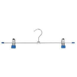 "Metal trouser hanger with anti-slip clips, silver gray finish, horizontal bar design for pants storage"