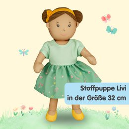 Stof Doll '' Livi '' med kjole til at sætte på og tage af, 32 cm