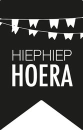  White text black background sticker, "Hiep Hiep Hoera" celebration banner flags, festive party decoration tags.
