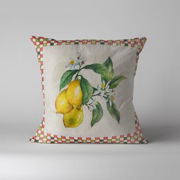 Decorative cushion cover in 100% cotton with a lemon print design. The cushion cover measures 45x45cm and features a vibrant yellow lemon with green leaves against a white background.