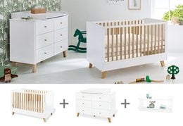 This starter set includes a cot bed, an extra wide changing unit, and a wall shelf. The cot bed features a modern, minimalist design with wooden slats and a white finish. The changing unit provides ample storage space and a wide surface for diaper changing. The wall shelf can be used to display decor or store nursery essentials.