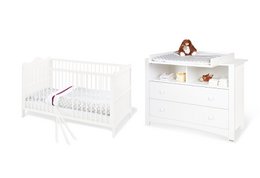 White crib and changing unit set, extra wide, suitable for newborns and infants.