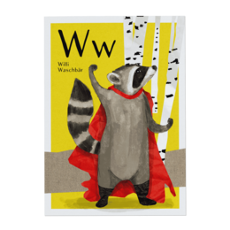 A plush toy of a raccoon character wearing a red cape and standing in front of a yellow background with the letter 'W' displayed.