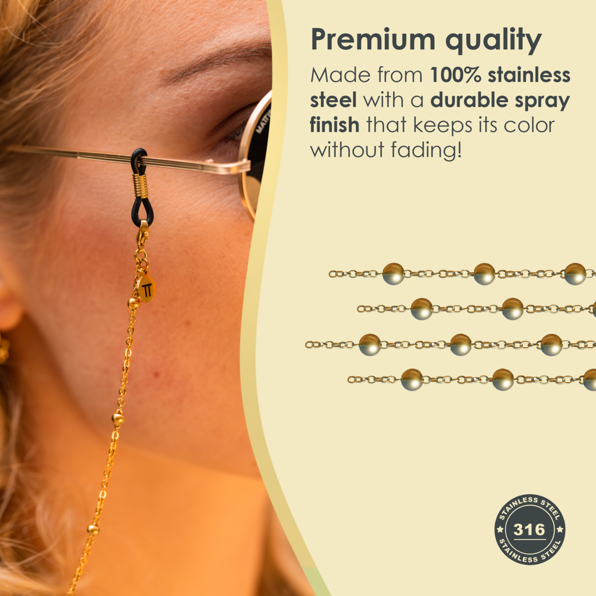 Glasses Cord Balls Gold — 100% Stainless Steel & Unisex Eyewear Cords for Women and Men — Glasses Chain with Extra Loops — Brillenkoord Brillenband Brillenkette Cordon de Lunettes Cordón Para Gafas
