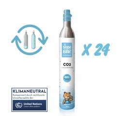 Refillable CO2 exchange cylinder box for SodaStream and compatible carbonation systems. Provides 60 liters of CO2 for making sparkling water at home. Eco-friendly and climate-neutral.