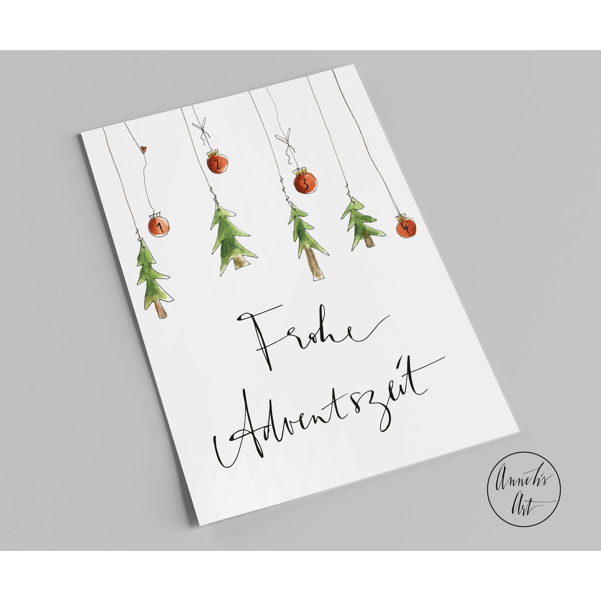 Christmas card | Happy Advent season | red balls and small fir trees | postcard