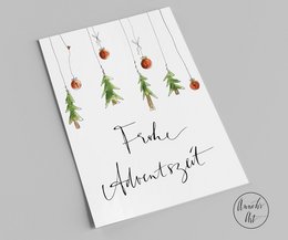 Cartolina di Natale | Buona stagione dell'Avvento | palline rosse e piccoli abeti | cartolina
