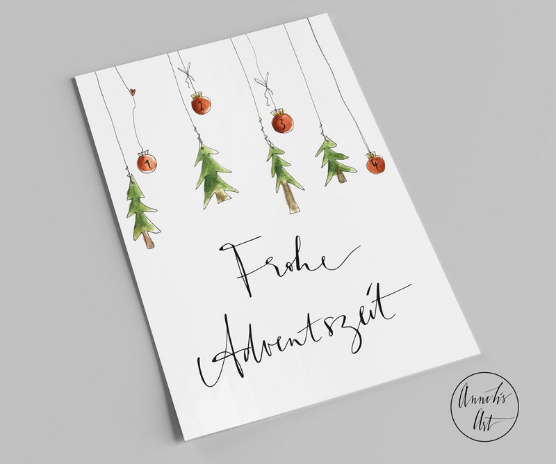 Cartolina di Natale | Buona stagione dell'Avvento | palline rosse e piccoli abeti | cartolina