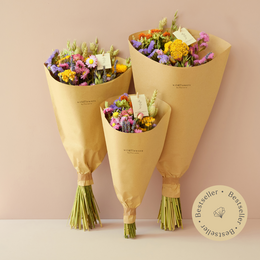  Vibrant dried flower bouquet in various colors and shapes, including yellow, orange, purple, and pink flowers. The bouquet is presented in three different sizes, suitable for different occasions or spaces.