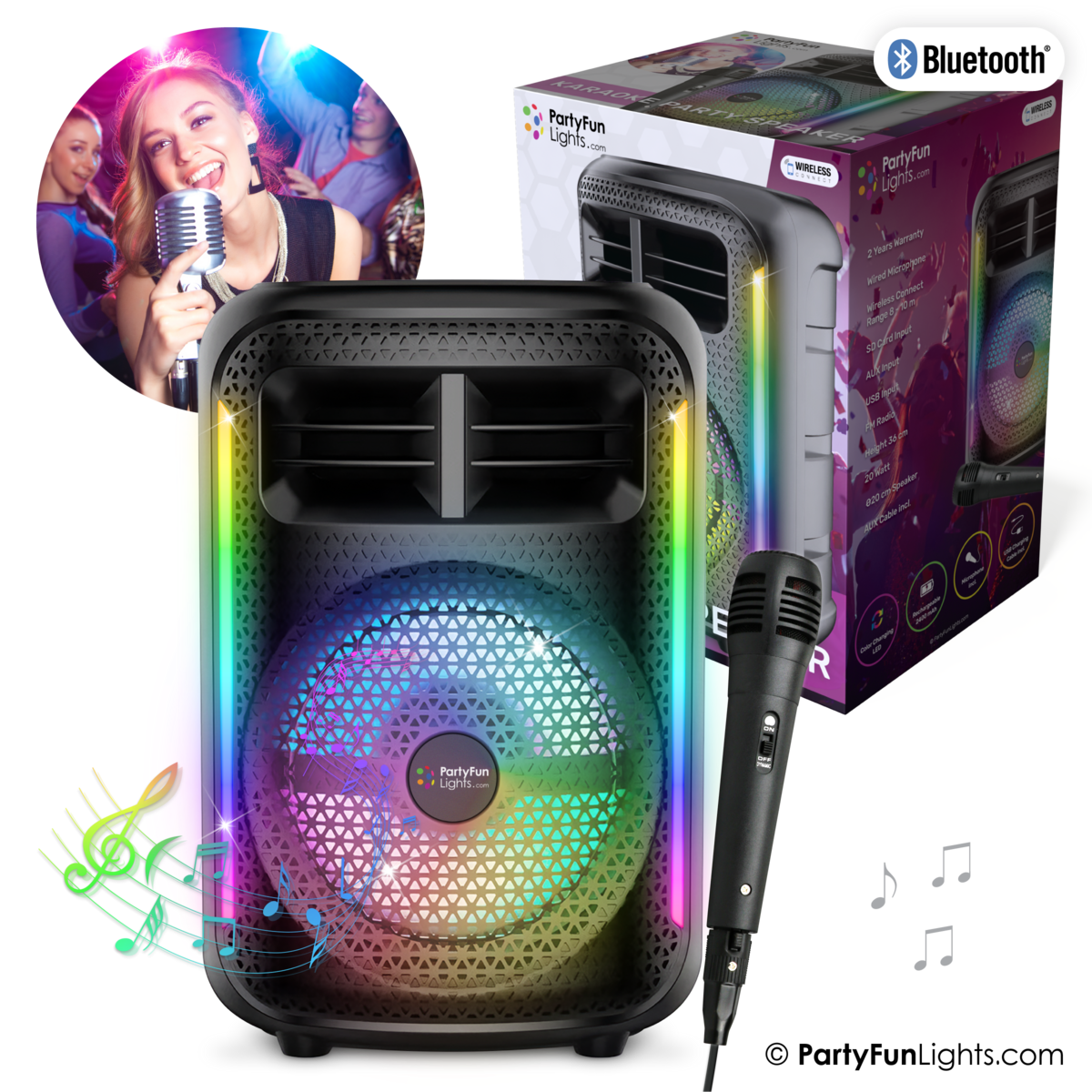 Karaoke Set Party altavoz con micrófono negro - Descubre la iluminación