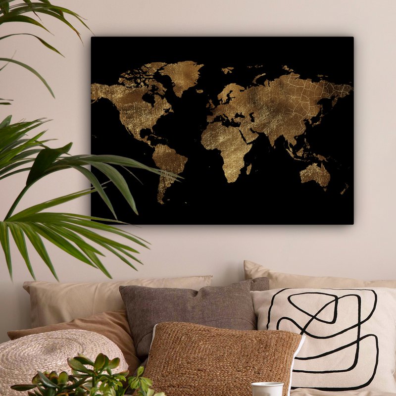 Lærredsmaleri - vægdekoration - verdenskort - guld - luksus - jord - sort