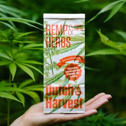 Organic hemp and herbs tea in a paper box with vibrant green and orange colors. The tea appears to be a blend of various herbs and ingredients.
