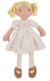 A soft, plush baby doll with a white dress featuring a delicate floral pattern. The doll has blonde curly hair and a sweet, friendly expression.
