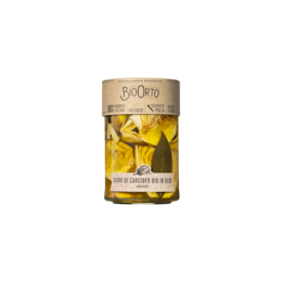 A glass jar containing organic artichoke hearts in a golden-colored liquid. The jar has a label that reads "BIO ORTO" and indicates the contents are 370 ml.
