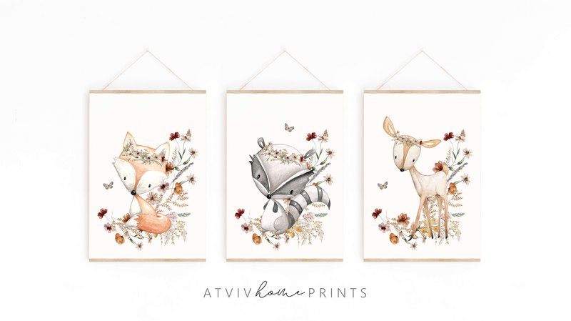 Fox nursery print, fox poster, floral nursery print, cute fox print, wildflowers print, girls nursery poster, girls room