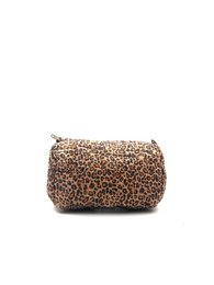 Leopard print toiletry bag, brown spotted pattern, small cosmetic pouch, travel organizer.