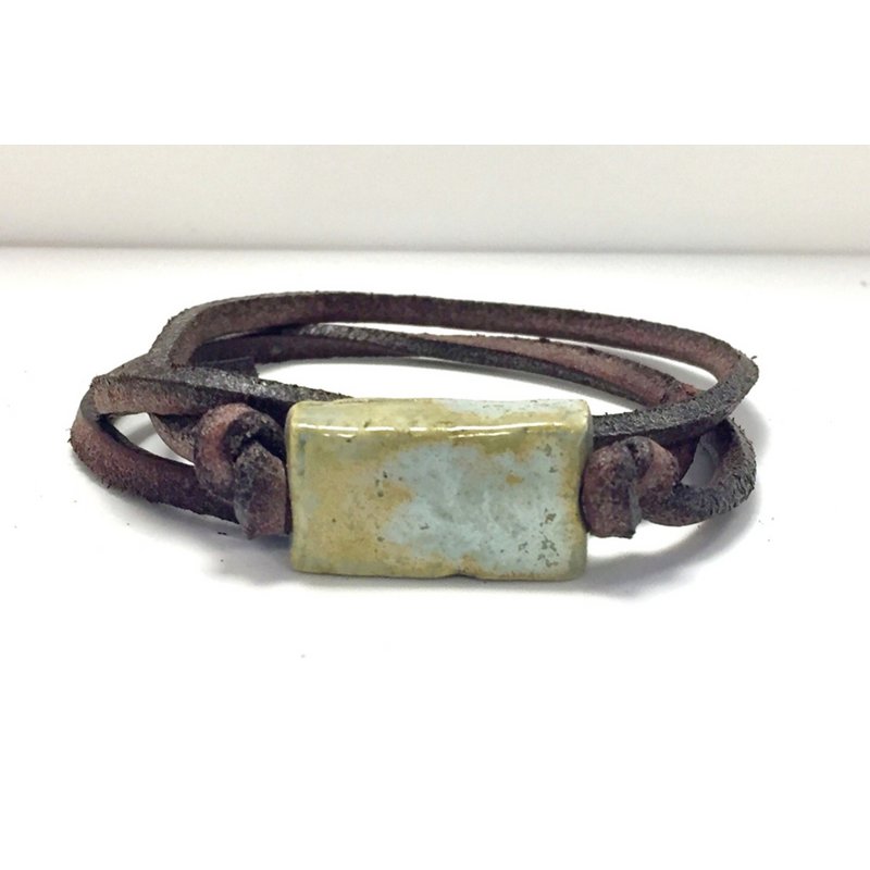 Men's bracelet ceramic block antique green on leather lace