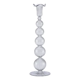 Tall, round glass candle holder with a stacked, spherical design in a clear, transparent color.