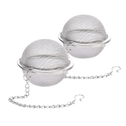 "Two stainless steel tea ball infusers for loose leaf tea, with a round mesh design and chain for easy use."