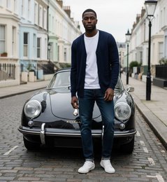 A navy blue cashmere cardigan for men, featuring a V-neck and button-up closure. The cardigan is available in sizes small to XX-large.