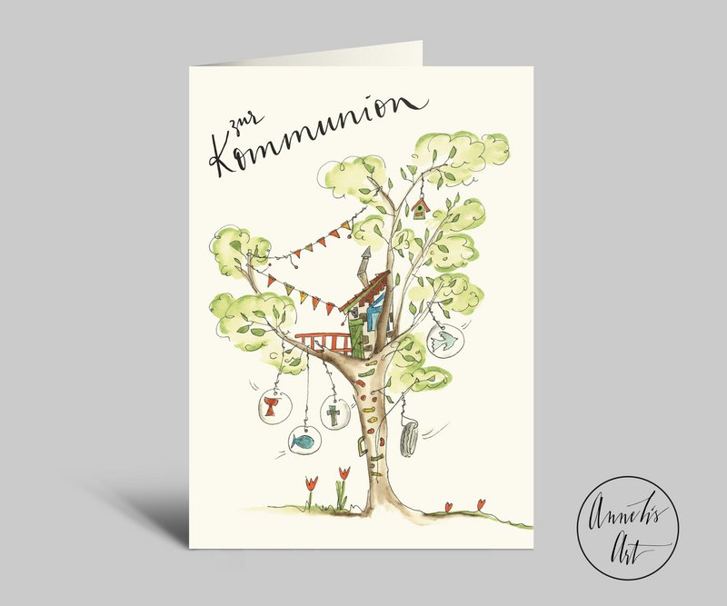 Tarjeta de comunión | Casa del árbol | Tarjeta plegable para comunión.