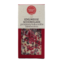 Fine white chocolate 35% with raw cane sugar, premium cocoa nibs and raspberries