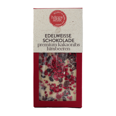 Fine white chocolate 35% with raw cane sugar, premium cocoa nibs and raspberries
