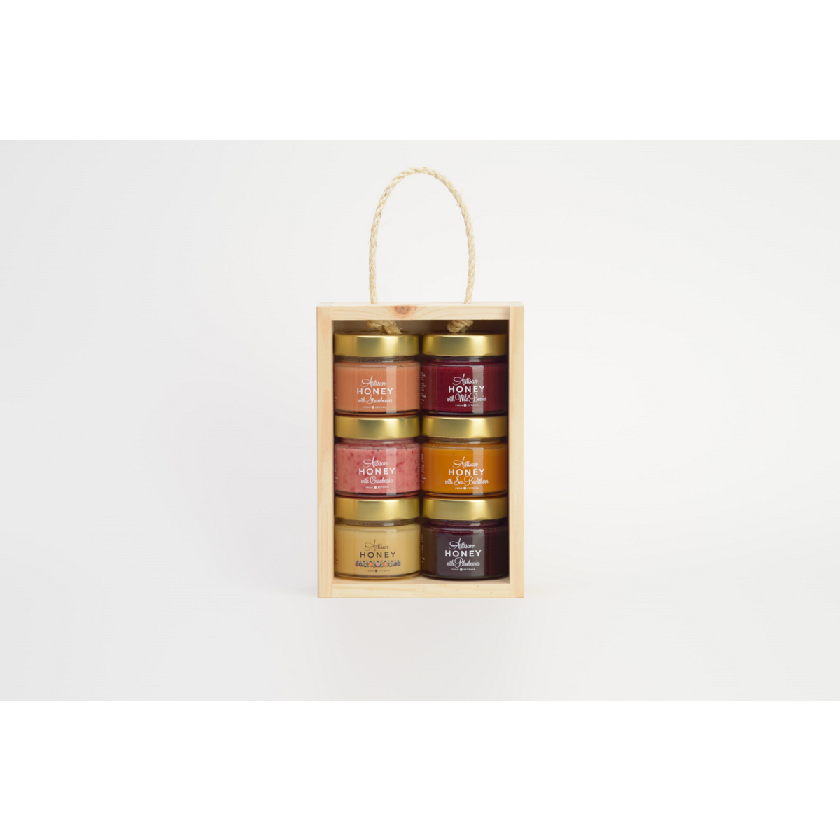 6x100 g wooden gift box with handle