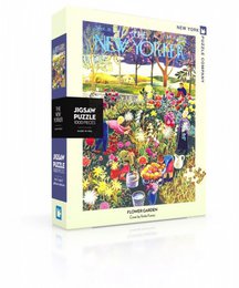 A 1000-piece jigsaw puzzle featuring a colorful illustration of a flower garden in New York City, with various people and objects depicted. The puzzle is from the New York Puzzle Company and is based on a cover illustration from The New Yorker magazine.