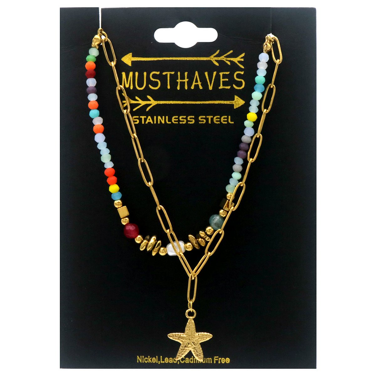 A-A6.5  B2539-033-5 S. Steel Bracelet Glassbeads Starfish Multi