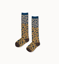 High socks for kids with a leopard print pattern in shades of brown and blue.