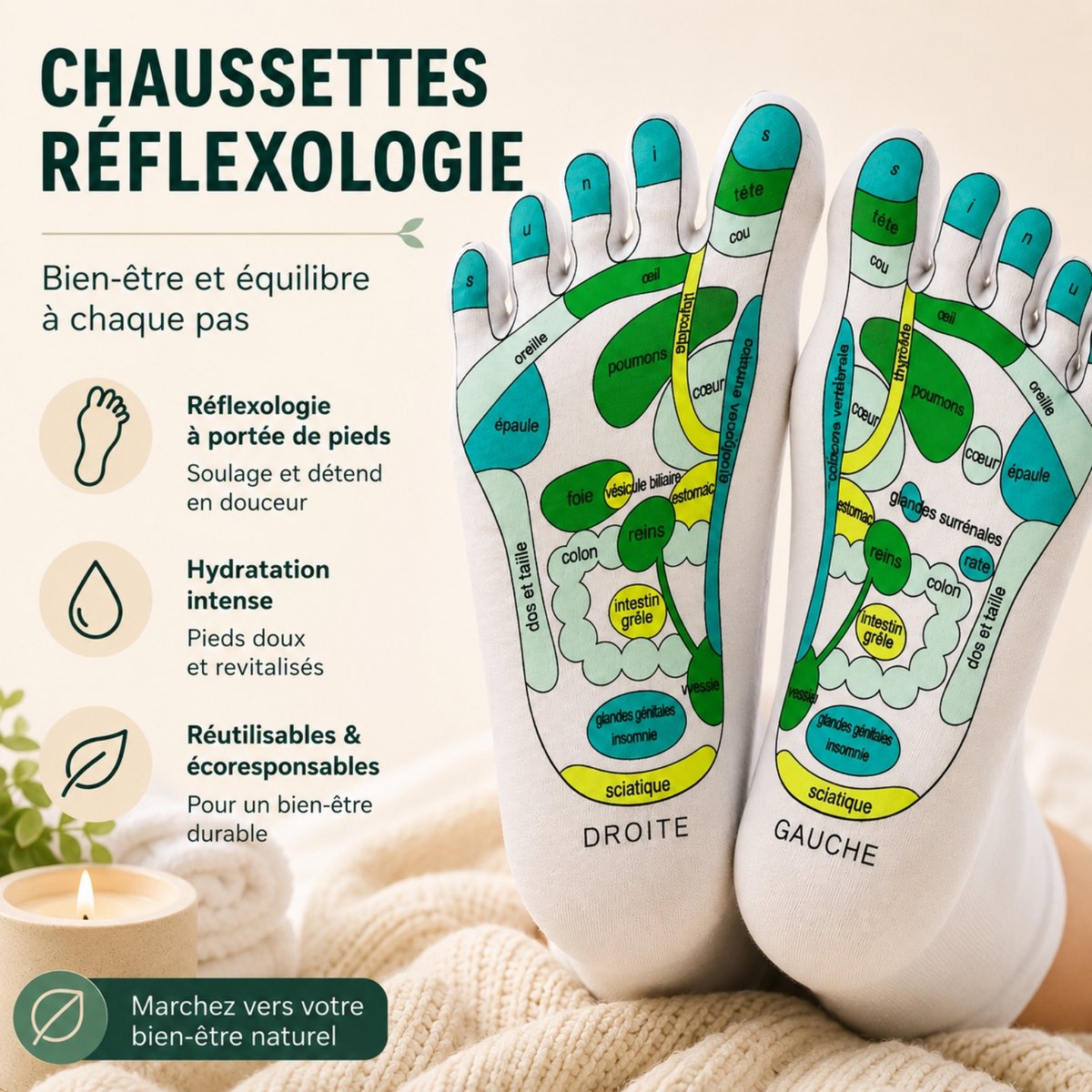 Chaussettes Réflexologie SPA Adoucissantes - Gel Hydratant aux Huiles de Jojoba et Olive, Vitamine E et Lavande - Redonne Douceur et Souplesse aux Pieds – Zone de Massage Réflexologie