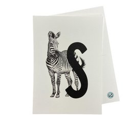 A black and white letter card featuring a zebra design. The letter 'S' is prominently displayed with the zebra standing next to it.